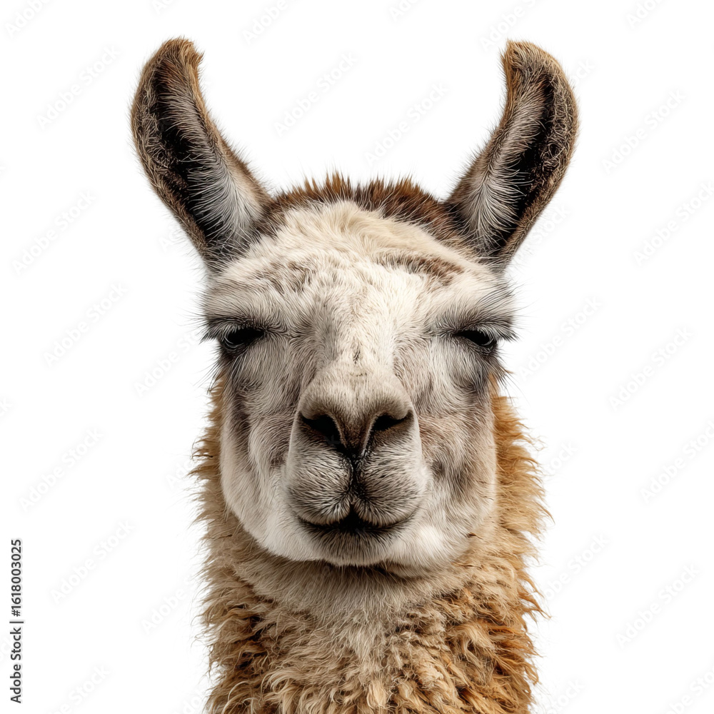 Fototapeta premium A close-up of a fluffy llama with a calm expression, showcasing its distinctive features and warm fur.