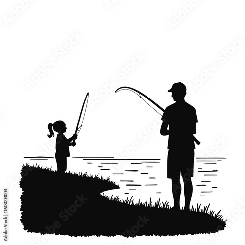 Father and daughter fishing by the water rods