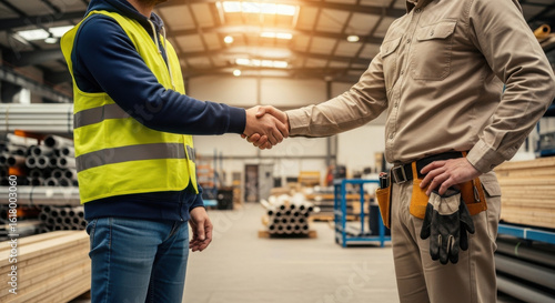 Two men shaking hands in warehouse, one wearing reflective safety vest and other in work clothes with gloves, symbolizing agreement or partnership in industrial setting