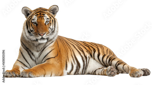 A majestic tiger lounging gracefully, showcasing its vibrant coat and striking patterns on a white isolated background.