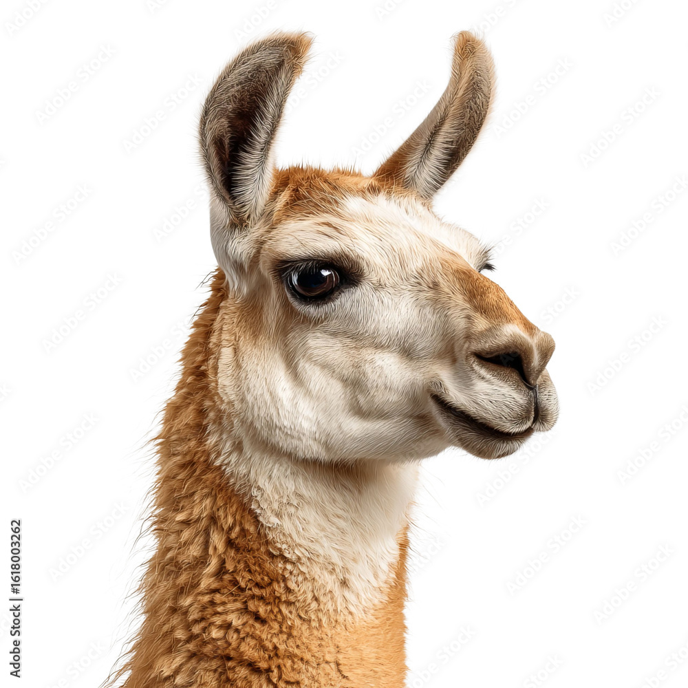 Obraz premium A close-up of a llama, showcasing its soft fur and expressive eyes against a plain background.