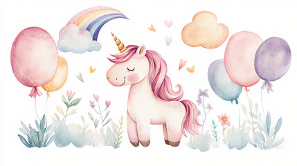 Deken met foto Eenhoorn Eenhoorn met ballonnen bloemen en regenboog pastel  © IRYNA
