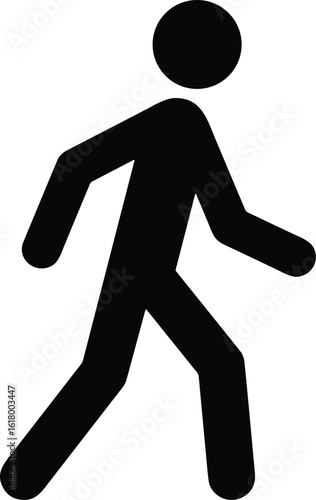 Vector silhouette of walking person—minimalist icon with circle head and stride pose for signage and directional use