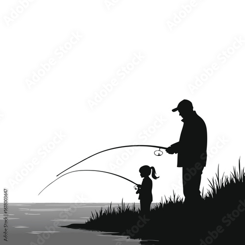 Father and daughter fishing by the water rods