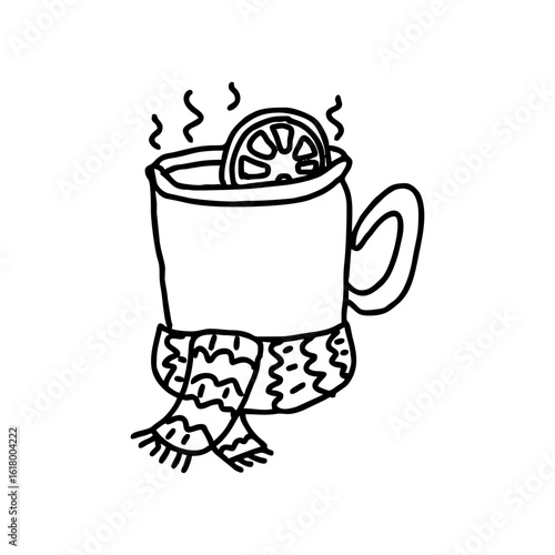 Hand drawn black doodle of cozy hot drink in mug with lemon slice and warm knitted scarf – autumn tea time vector icon for seasonal comfort and wellness design on transparent background