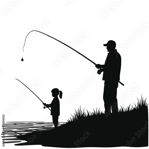 Father and daughter fishing together by the water rods