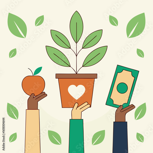Vector art of hands holding an apple, a plant in a pot, and money representing growth and investment