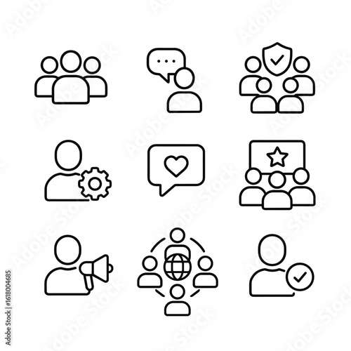 Social interaction and community icons. Outline symbols. Line design