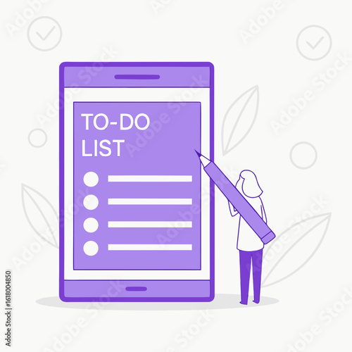 Vector art of a woman checks her todo list on a mobile phone, planning and managing tasks for increased productivity