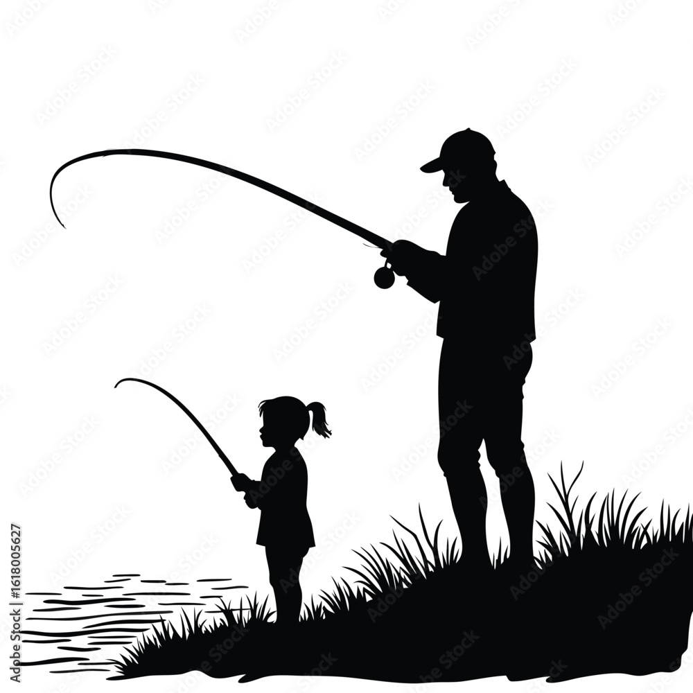 Obraz premium Father and daughter fishing together by the water rods