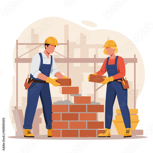 Two construction workers in hard hats and overalls skillfully lay bricks to build a wall on a sunny day.