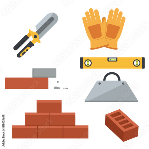An illustration depicts a set of bricklaying tools and materials, showcasing the essential elements for construction and masonry work, arranged on a clean background.