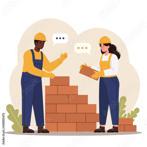 Two construction workers in hard hats and overalls collaborate on building a brick wall, communicating ideas with speech bubbles.