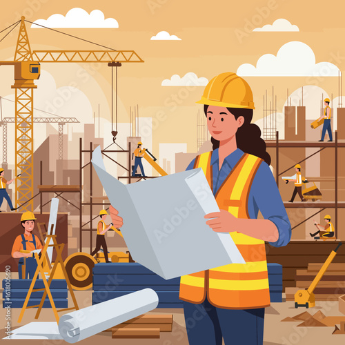 A diligent female engineer in a hard hat and safety vest meticulously reviews blueprints at a dynamic urban construction site, illustrating modern development.