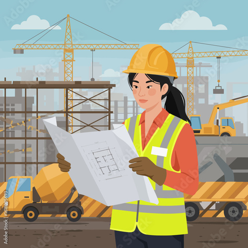 A female architect or engineer examines blueprints at a busy construction site with cranes and machinery.