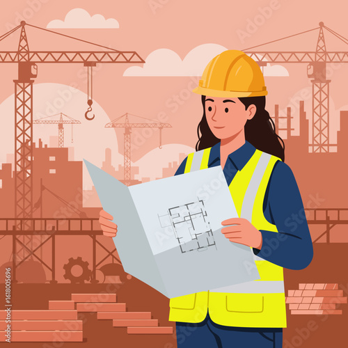 A diligent female architect or engineer in a yellow hard hat and safety vest meticulously reviews blueprints at a bustling construction site.