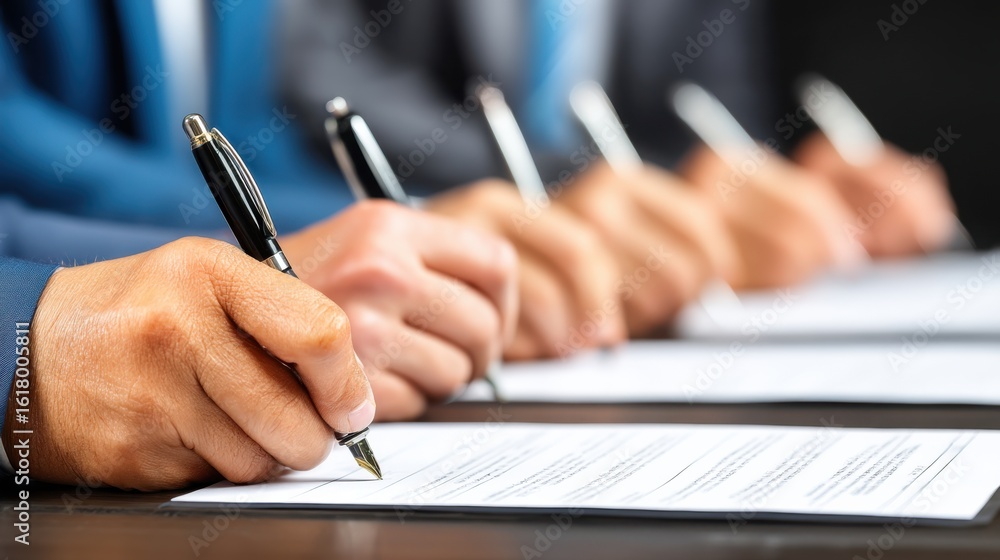 People signing documents in a formal business meeting setting People signing documents in a formal business meeting setting