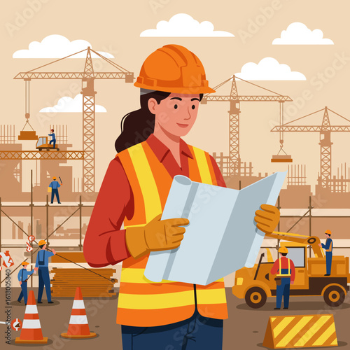 A female construction engineer examines blueprints at a bustling construction site, surrounded by cranes, workers, and heavy machinery, showcasing diligent planning and teamwork in a modern building