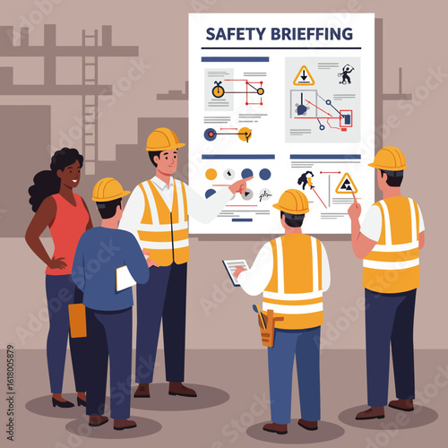 A construction crew in safety vests and hard hats reviews a safety briefing poster, discussing procedures and protocols for a safe work environment on the building site.
