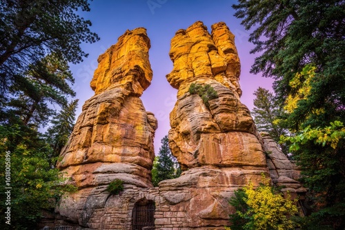 Two sandstone spires, vibrant sunset hues