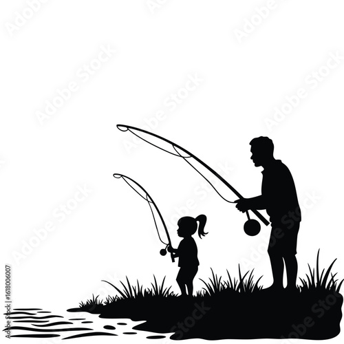 Father and daughter fishing together by the water rods