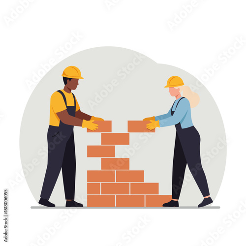 Diverse construction workers, clad in safety gear, collaborate to build a brick wall, showcasing teamwork and the construction industry's skilled labor force.