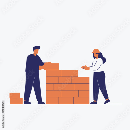 A male and female worker collaborate to construct a sturdy brick wall, symbolizing teamwork and foundational development in a clean vector illustration.