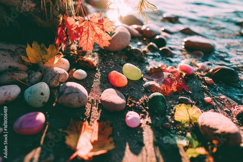 Autumnal stones by water's edge. Colorful pebbles, fallen leaves, and sunlight on a beach