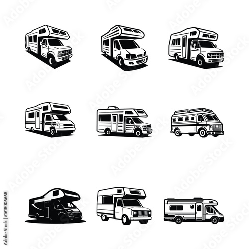 Camping cars icons set. Simple flat design truck trailers, recreational types vehicles for app ui ux web button