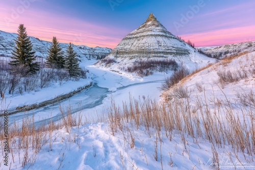 Winter landscape with butte at dawn. Frozen river winds through snow-covered prairie