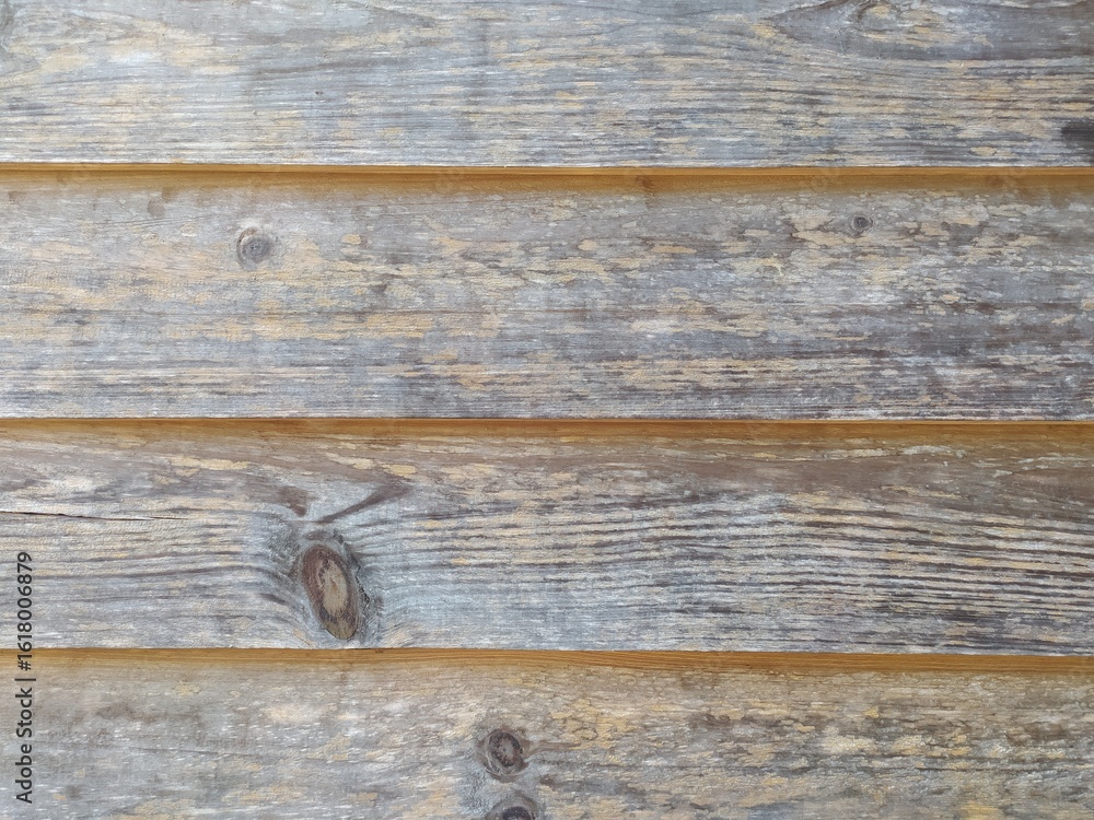 Fototapeta premium A close-up of weathered wooden planks with a natural, unfinished texture. Visible grain patterns and knots add to the rustic, horizontal design, perfect for backgrounds.
