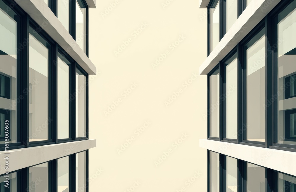 Fototapeta premium Looking up between modern office buildings with large glass windows and clean architectural lines