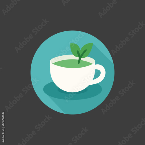 Flat style tea cup with mint leaf symbolizing detox drink, mental refreshment, self-care, and immune-boosting routine in modern health design