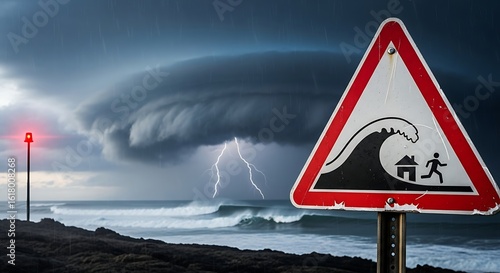 Tsunami Warning Sign with Approaching Storm and Waves