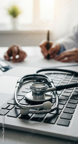 Stethoscope laptop healthcare technology medical office professional doctor consultation modern—A stethoscope rests laptop keyboard bright medical office symbolizing modern healthcare technology