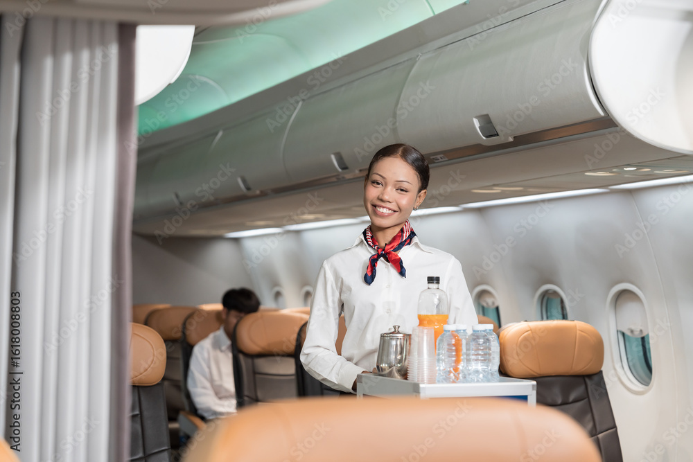Obraz premium Air hostess or cabin crew pushing cart on aisle for serving food and drink to passengers in airplane cabin