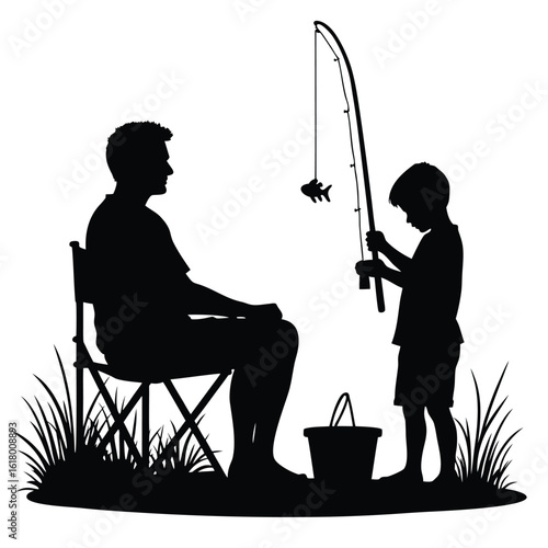 Father and son fishing together by the water reel