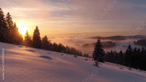 Wallpaper Mural Snowcovered slope with trees illuminated by a sunrise casting warm light  distant fog over the landscape Torontodigital.ca