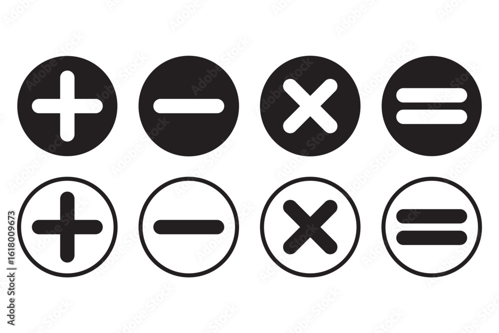 Fototapeta premium Checkmark icon and plus and minus icon. Plus, Minus, Multiplication, Division, Equal Black colors. Calculation icon in trendy flat style isolated on white background. Math symbol. Vector illustration.