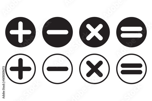 Checkmark icon and plus and minus icon. Plus, Minus, Multiplication, Division, Equal Black colors. Calculation icon in trendy flat style isolated on white background. Math symbol. Vector illustration.