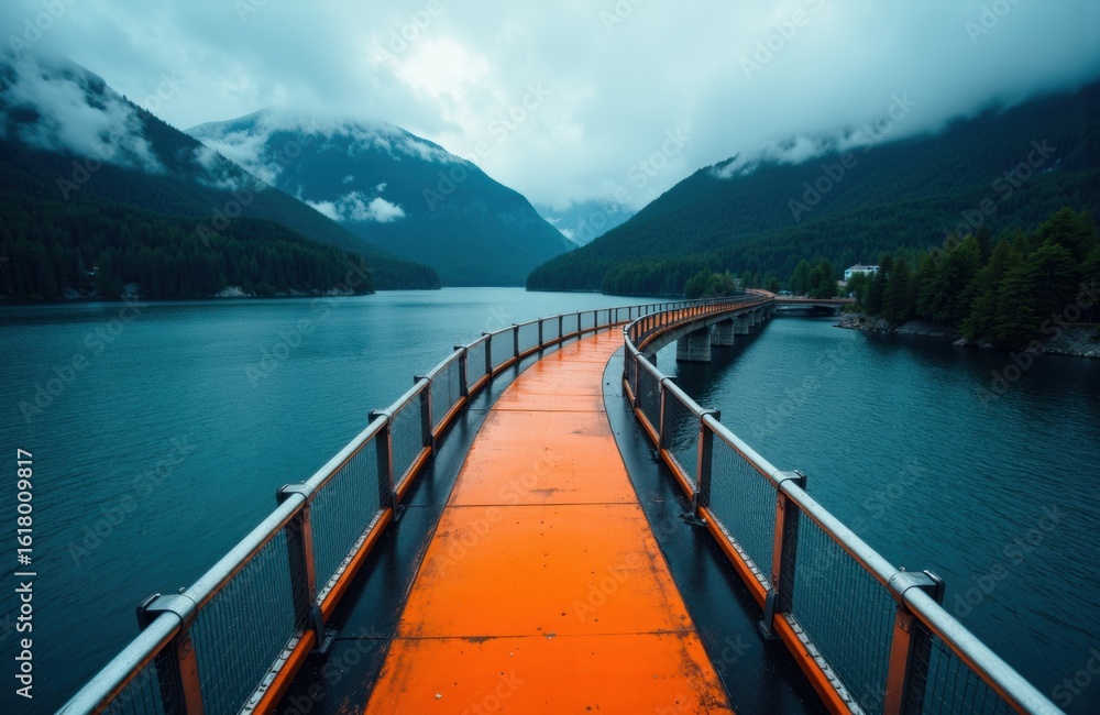Fototapeta premium A curved orange walkway extends over a calm lake surrounded by lush green mountains and cloudy sky