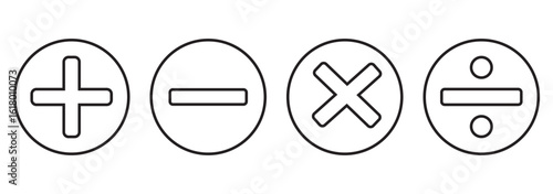 Checkmark icon and plus and minus icon. Plus, Minus, Multiplication, Division, Equal Black colors. Calculation icon in trendy flat style isolated on white background. Math symbol. Vector illustration.