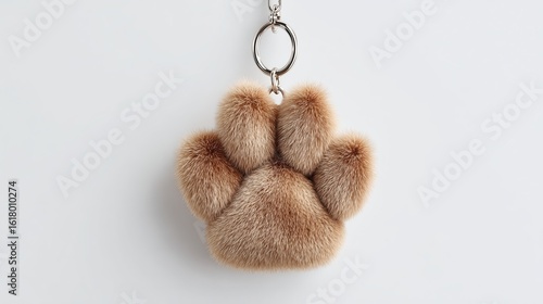 plush keychains. Soft, fluffy keychain in the shape of a paw print, featuring a light brown fur texture, attached to a metal ring, ideal for pet lovers and accessory enthusiasts