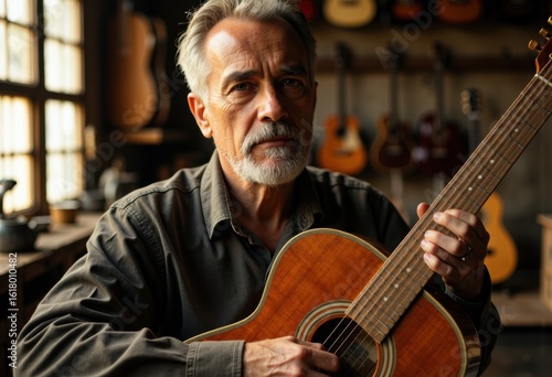 An older man with gray hair and beard plays an acoustic guitar in a music shop