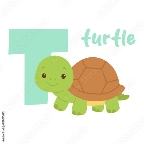 T alphabet turtle cute animal cartoon. Letter t with smiling turtle illustration for kids education. Baby turtle vector. Nursery wall art.
