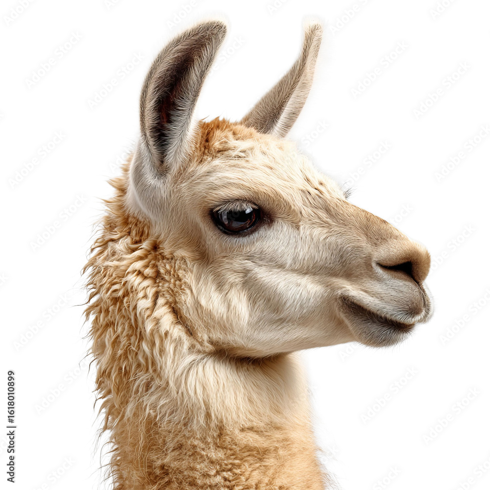 Obraz premium Close-up of a charming beige llama, showcasing its soft fur and expressive eyes.