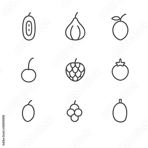Fresh fruit icons for modern organic food designs, featuring date, fig, plum, cherry, custard apple, tomato, grape, and longan in minimalist style