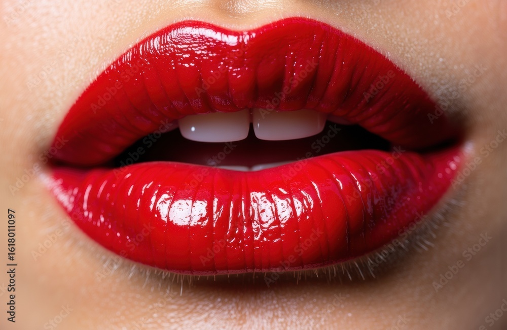 Obraz premium Vivid red lips with glossy lipstick and slightly parted mouth