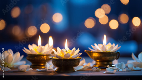 Lit lotus candles with scattered petals white petals