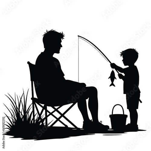 Father and son fishing together with a catch reel